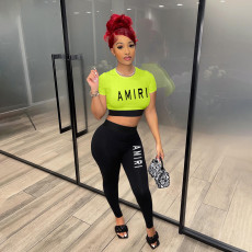 Fashion Color Block Crop Tops And Skinny Pant Sport Suit XMF-234