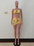 Sexy Letters Print Bikini Hanging Neck Swimsuit Three Piece Set JRF-243
