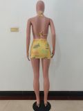 Sexy Letters Print Bikini Hanging Neck Swimsuit Three Piece Set JRF-243