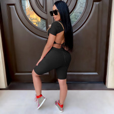 Fashion Backless Tie Up Pullover Shorts Two Piece Set XMF-235