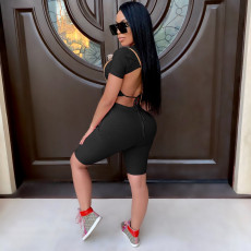Fashion Backless Tie Up Pullover Shorts Two Piece Set XMF-235