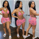 Sexy Letters Print Bikini Hanging Neck Swimsuit Three Piece Set JRF-243
