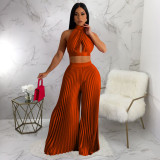 Solid Halter Crop Tops And Wide Leg Pant 2 Piece Set YF-10410
