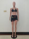 Sexy Letters Print Bikini Hanging Neck Swimsuit Three Piece Set JRF-243