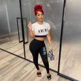 Fashion Color Block Crop Tops And Skinny Pant Sport Suit XMF-234