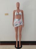 Sexy Letters Print Bikini Hanging Neck Swimsuit Three Piece Set JRF-243