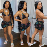 Sexy Letters Print Bikini Hanging Neck Swimsuit Three Piece Set JRF-243