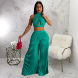 Solid Halter Crop Tops And Wide Leg Pant 2 Piece Set YF-10410