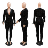 Sexy Sequin Deep V Slim Long Sleeve Jumpsuits CYA-900266