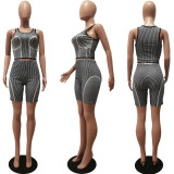 Stripe Print Slim Sports Casual Tank Top Shorts Suit CM-8658