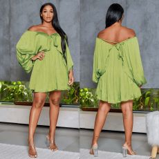 Sexy Lace-up Solid Color Bat Sleeve Dress XHSY-19542