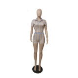 Printed Sexy Backless Short Sleeve Shorts 2 Piece Set QXTF-8142
