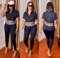 Fashion Casual Letter Print Short Sleeve Pants 2 Piece Set WMEF-80012