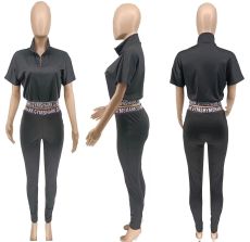 Fashion Casual Letter Print Short Sleeve Pants 2 Piece Set WMEF-80012