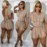 Printed Sexy Backless Short Sleeve Shorts Two Piece Set ORY-5238