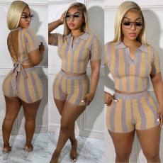 Printed Sexy Backless Short Sleeve Shorts Two Piece Set ORY-5238