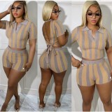 Printed Sexy Backless Short Sleeve Shorts 2 Piece Set QXTF-8142