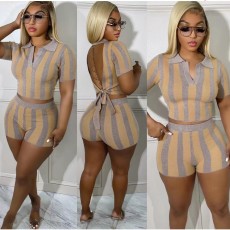 Printed Sexy Backless Short Sleeve Shorts 2 Piece Set QXTF-8142