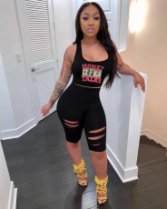 Printed Casual Sports Tank Top Hole Shorts Two Piece Set OY-6500