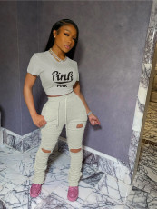 PINK Letter Print Short Sleeve Ripped Hole Pants 2 Piece Set CXLF-8104