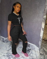 Print Short Sleeve Ripped Hole Pants 2 Piece Set CXLF-8102
