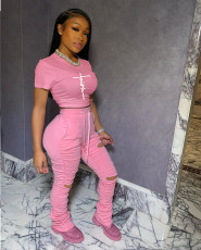 Print Short Sleeve Ripped Hole Pants 2 Piece Set CXLF-8102