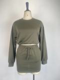 Long Sleeve Solid Tops And Skirt Two Piece Set GWDS-221069