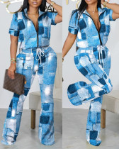 Plus Size Fashion Print Zipper Short Sleeve Coat Pants 2 Piece Set GSRX-9011