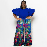 Plus Size Round Neck Tops Printed Pants Suit NNWF-7794
