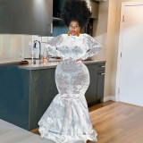 Plus Size Sexy Nightclub See-through Lace Maxi Dress NNWF-7066