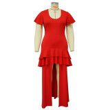 Plus Size Solid Ruffle Irregular Maxi Dress NNWF-7782