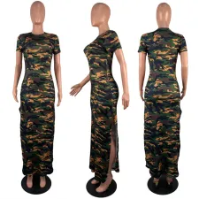 Camo Print Slim Side Slit Short Sleeve Maxi Dress LSL-6507