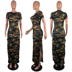 Camo Print Slim Side Slit Short Sleeve Maxi Dress LSL-6507
