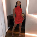 Sexy Nightclub Solid Color Halter PU Mini Dress GLF-10120