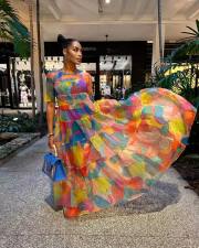 Fashion Print Short Sleeve Maxi Dress ZDF-31272