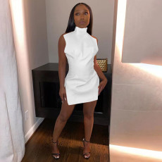 Sexy Nightclub Solid Color Halter PU Mini Dress GLF-10120