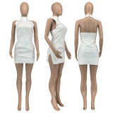 Sexy Nightclub Solid Color Halter PU Mini Dress GLF-10120