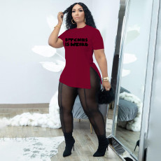 Plus Size Letter Print Tops See-through Mesh Pants Two Piece Set (without underwear) BDF-7035