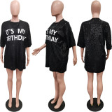 Letter Print Sequin Loose Casual Dress BGN-276
