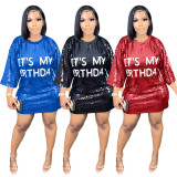 Letter Print Sequin Loose Casual Dress BGN-276