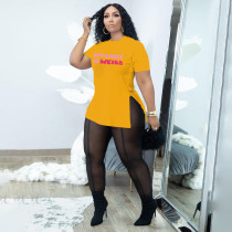 Plus Size Letter Print Tops See-through Mesh Pants Two Piece Set (without underwear) BDF-7035