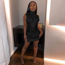 Sexy Nightclub Solid Color Halter PU Mini Dress GLF-10120