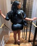 PU Leather Button Short Sleeve Shorts Two Piece Set HMS-5562