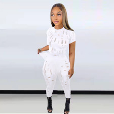 Ripped Hole Short Sleeve Pants Two Piece Set LSD-83189