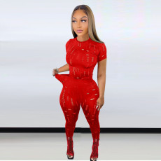 Ripped Hole Short Sleeve Pants Two Piece Set LSD-83189