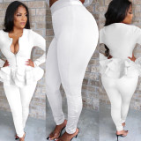 Solid Ruffled Zipper Top Long Pants Two Piece Suits TE-3873