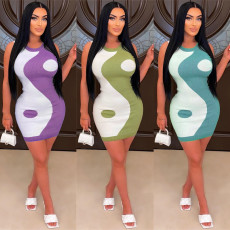 Color Block Sleeveless Tight Knit Mini Dress GWDS-230333