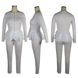 Solid Ruffled Zipper Top Long Pants Two Piece Suits TE-3873