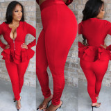 Solid Ruffled Zipper Top Long Pants Two Piece Suits TE-3873