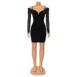 Sexy Tight Mesh Long Sleeve Patchwork Mini Dress GOSD-6836